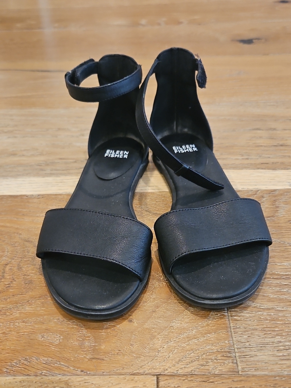Eileen Fisher Razz Black Tumbled Leather Ankle Strap Sandals